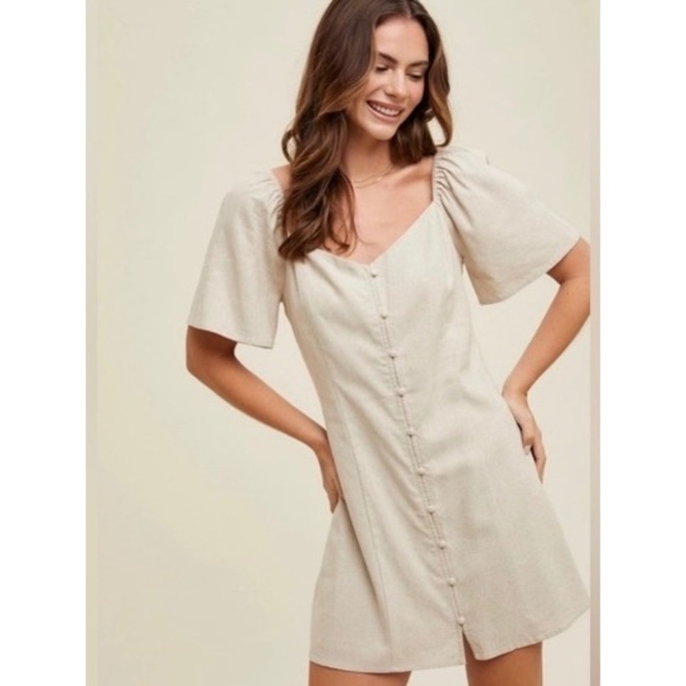 Abercrombie & Fitch Linen Blend Mini Dress Puff Sleeve Button Front Beige S
